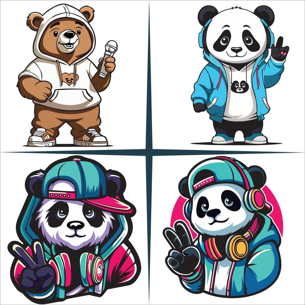 Cool Hip Hop Panda Illustration Set vector
