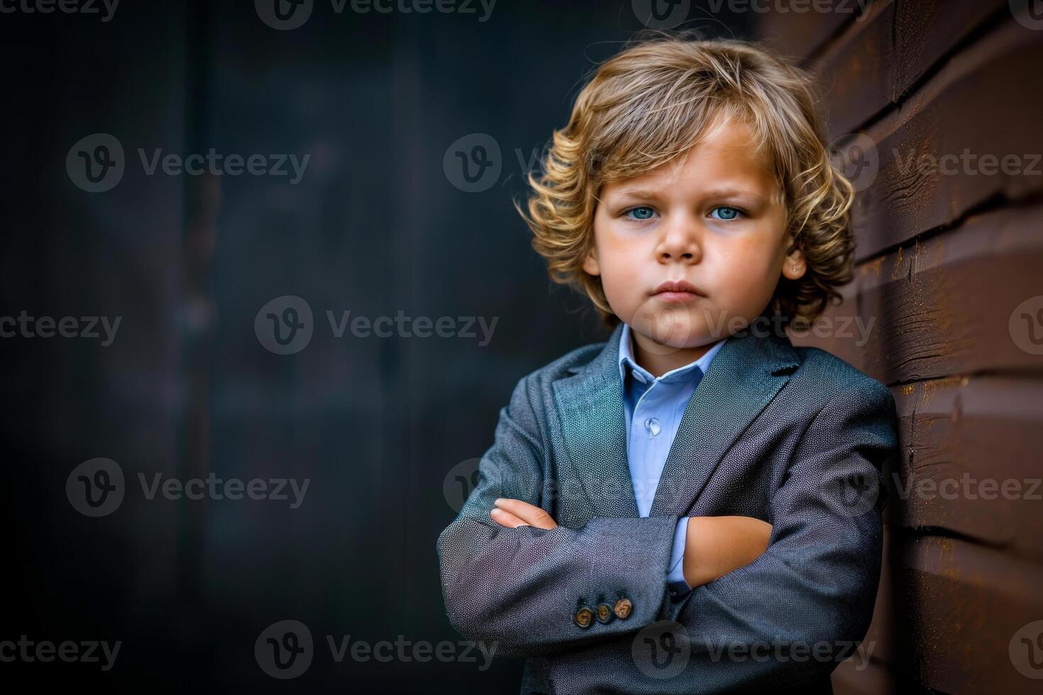 Confident Young Boy in a Suit with Serious Expression photo