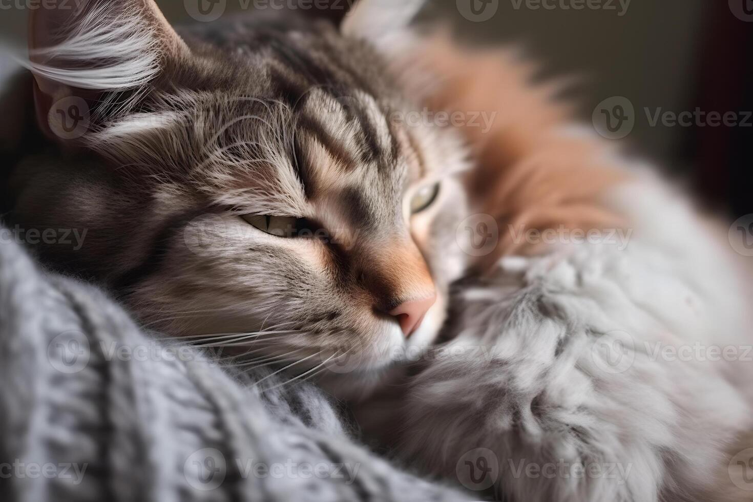 Content cat curled up on a cozy lap, providing comfort and relaxation after a long day. photo