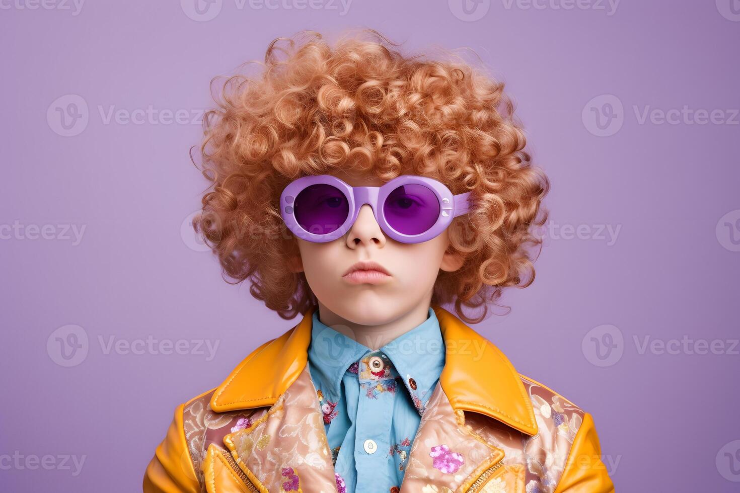 Vibrant Minimalist Studio Portrait of a Funny Child in Sunglasses photo