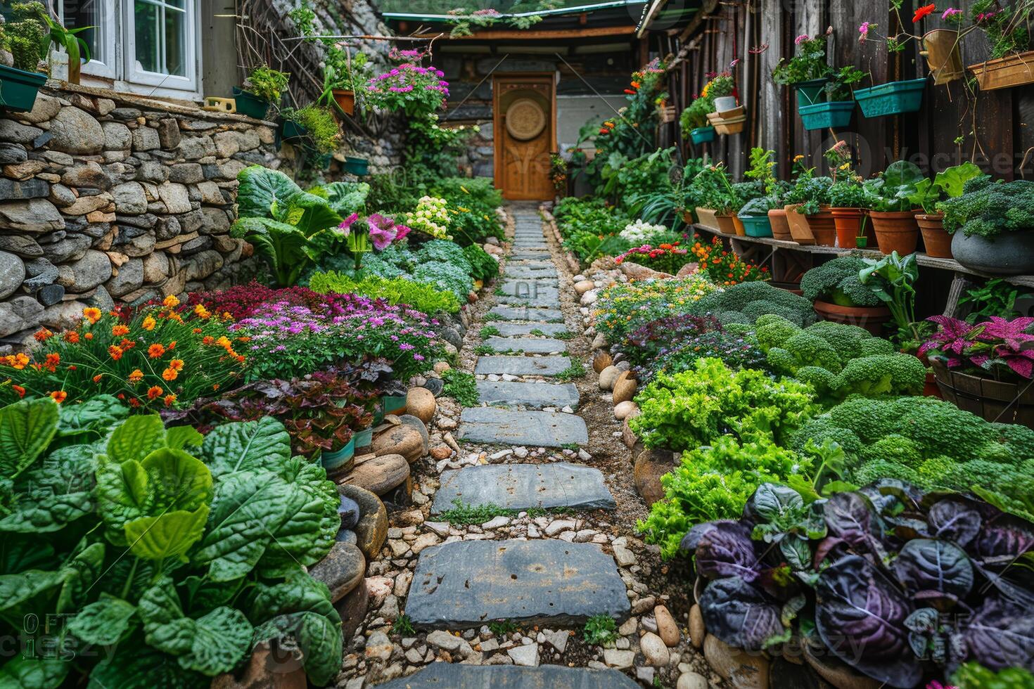 Lush Permaculture Garden With Diverse Companion Plants Thriving photo
