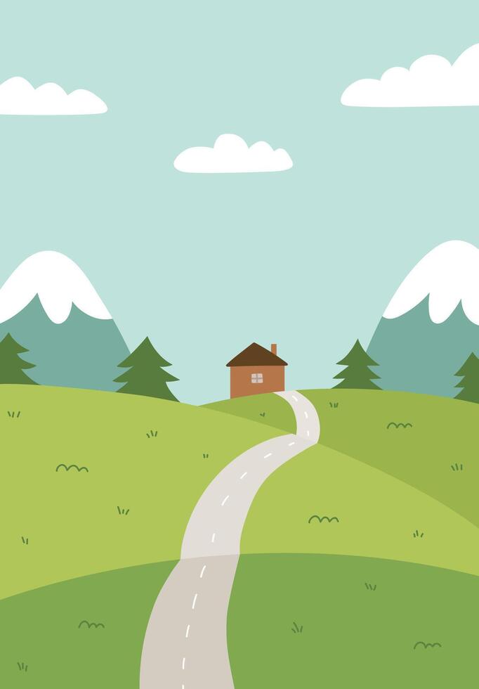 A spring or summer landscape with mountains, clouds, fields, a house and a road. hand-drawn illustration in flat style. Beautiful cartoon background with nature. Perfect for cards, banners. vector