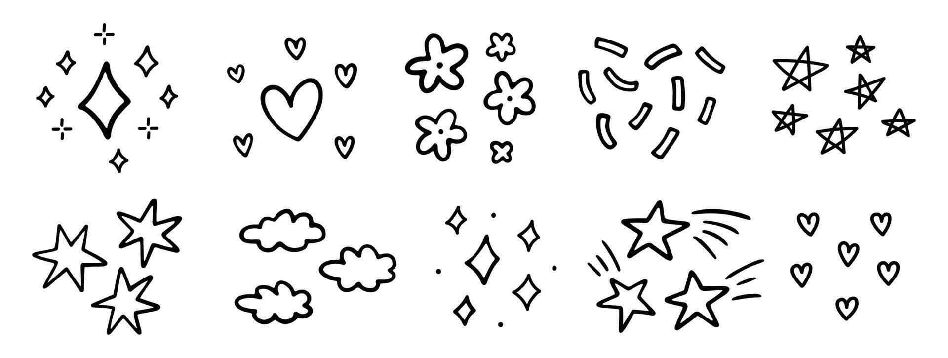 Cute decorative design elements. Abstract squiggles of different shapes - stars, hearts, flowers, confetti, clouds, sparkles. hand-drawn doodle illustration isolated on a white background. vector