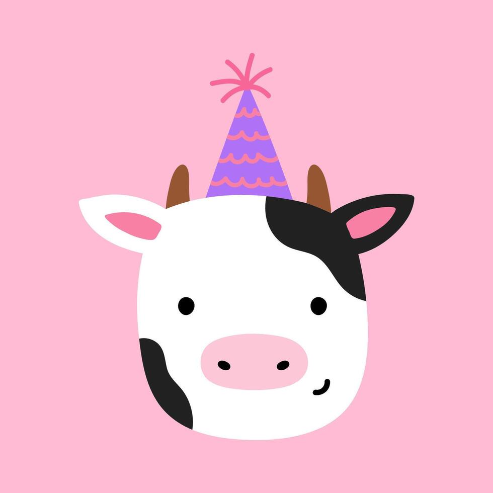 Cute cow in a festive hat isolated on a pink background. hand-drawn illustration in flat style. Perfect for decorations, holiday designs, cards, logo. vector