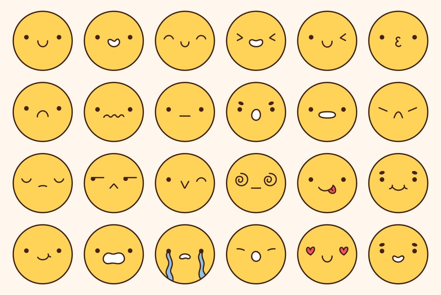 A big emoji set with different facial expressions. Yellow characters with happy, joyful, disappointed, sad, surprised,angry, playful mood. doodle illustration.Perfect for social media, stickers vector