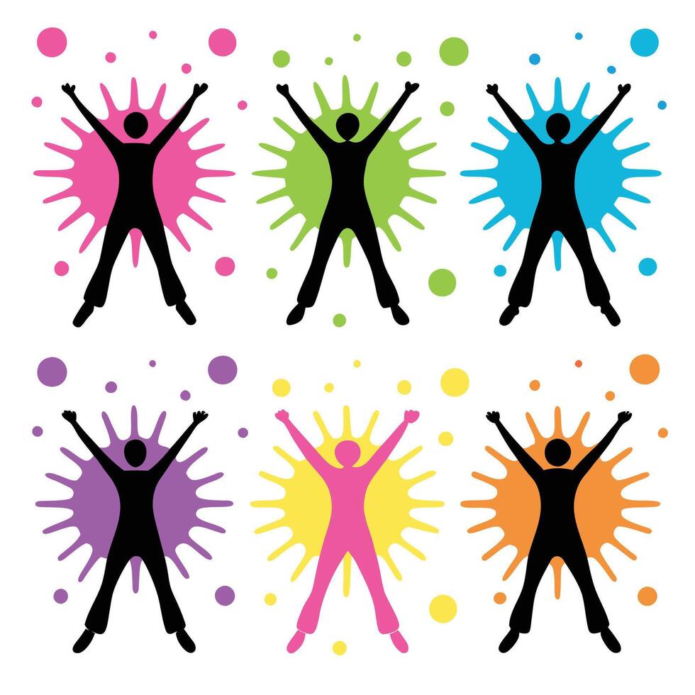 Group of Vibrant Human Silhouettes in Joyful Jump vector