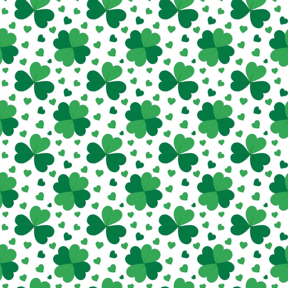 Clover leaves Shamrock, Quatrefoil and decorative hearts Seamless Pattern. St Patrick Day Background. Isolated illustration Wrapping, wallpaper, thematic cards or web promo leaflet, banner, tag vector
