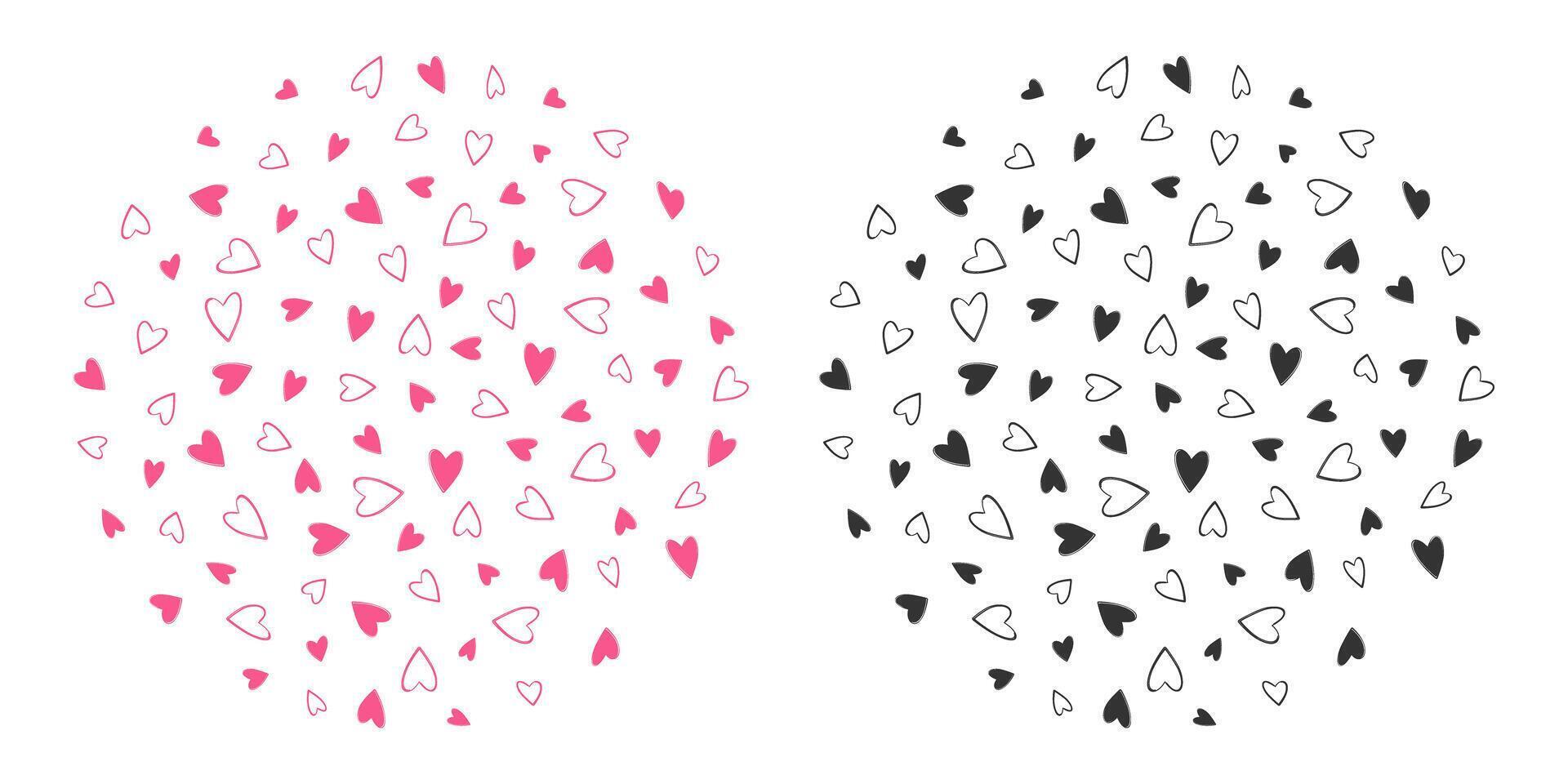 Outline and filled hearts pink and black Circular monochrome backgrounds St Valentine Day greeting. Isolated illustration Thematic Cards, greeting, price tag, label or web promo banner, leaflet vector