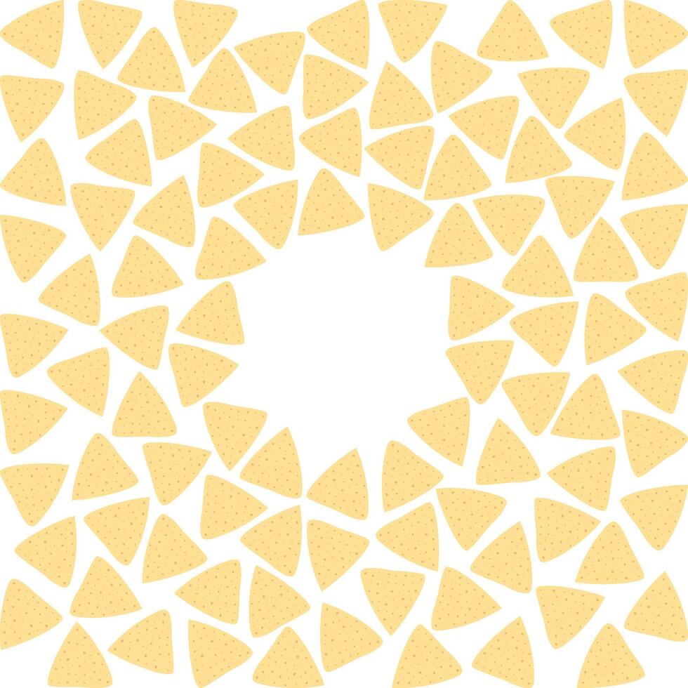 Tortilla chips Nachos Circular Frame border Copy space Template Abstract background Texture concept. Isolated illustration Thematic cards, poster or web promo banner, leaflet, price tag, label vector