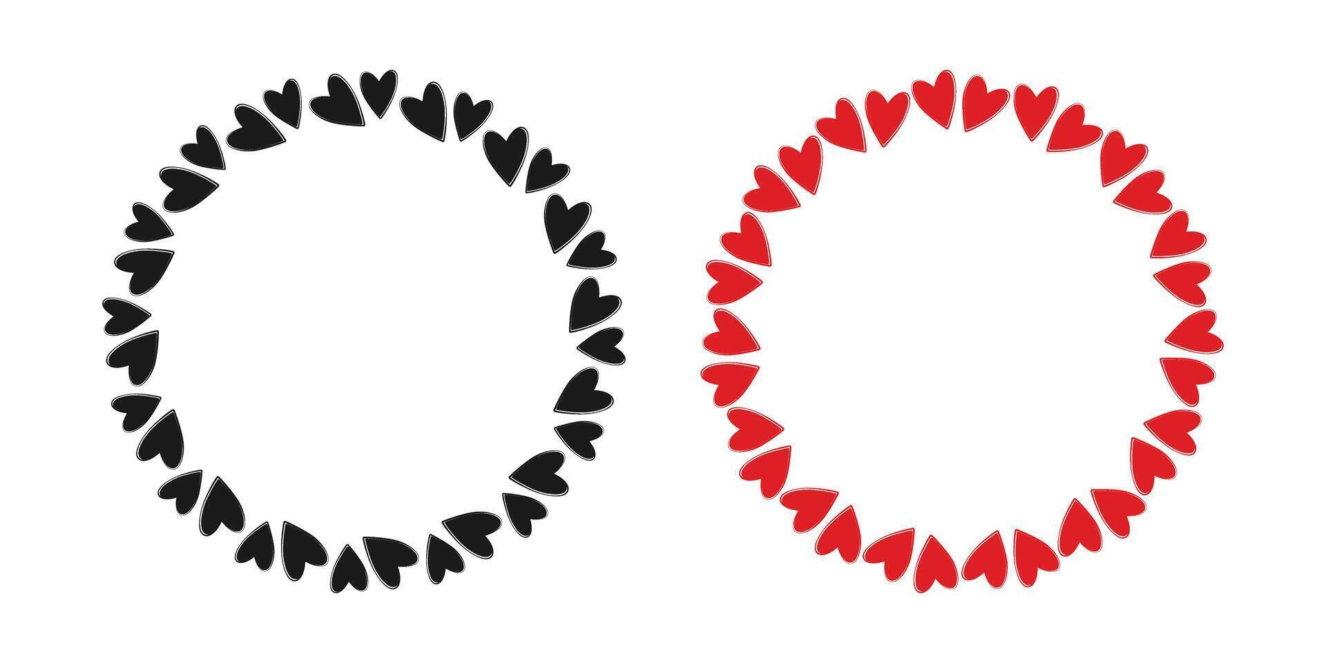 Hand drawn Hearts Black and Red Circular Frame borders Black Day and St Valentine Template Copyspace. Isolated illustration Thematic cards, greetings, price, label or web promo banner, leaflets vector