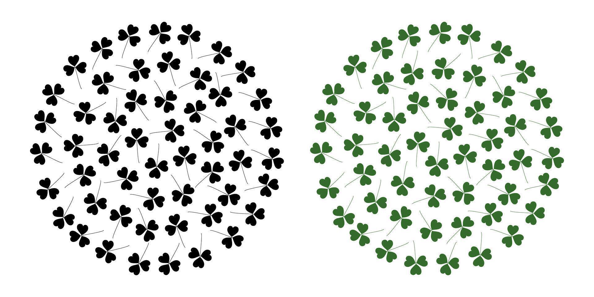 Clover leaves Shamrocks Circular Background dark and monochrome green St Patrick Day Background idea. Isolated illustration Greeting cards, poster, price tag, label or web promo leaflet, banner vector