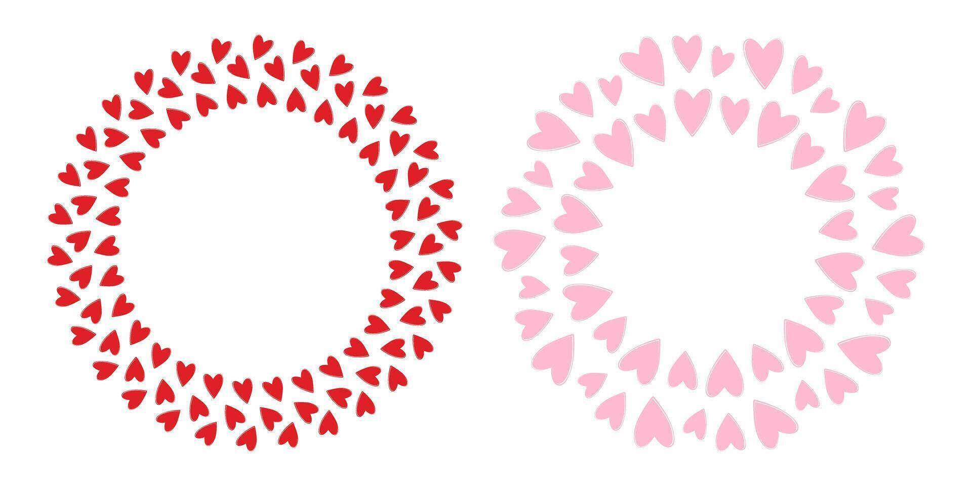 Hand drawn hearts Circular Frame borders red and pink St Valentines Day greeting Copy space Template. Isolated illustration Thematic cards or web promo banner, leaflet, price tag, label, poster vector