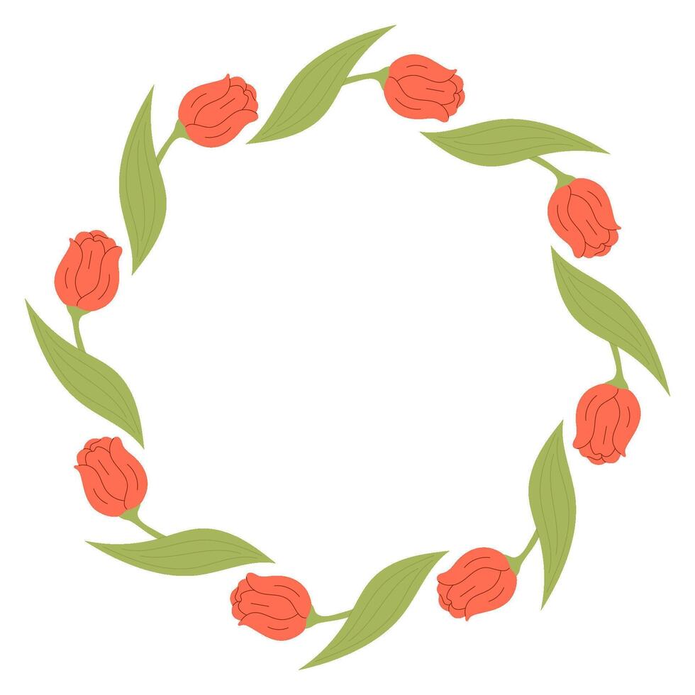 Round Frame with Red Tulip. Festive Decoration Circle Border Card with Spring Flowers. vector