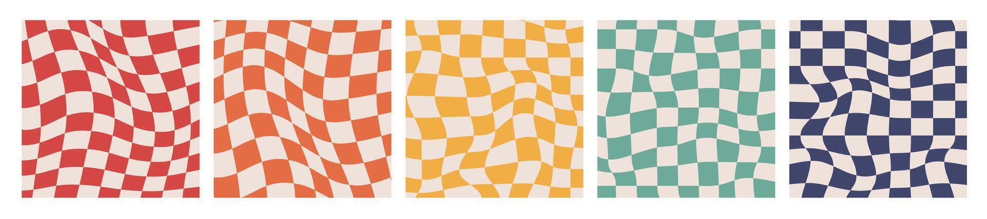 Groovy Distorted Checkered Background. Retro Twisted Trendy Waves Trippy Grid. Isolated Hand drawn Square templates collection. Hippie aesthetic psychedelic 1970s vector