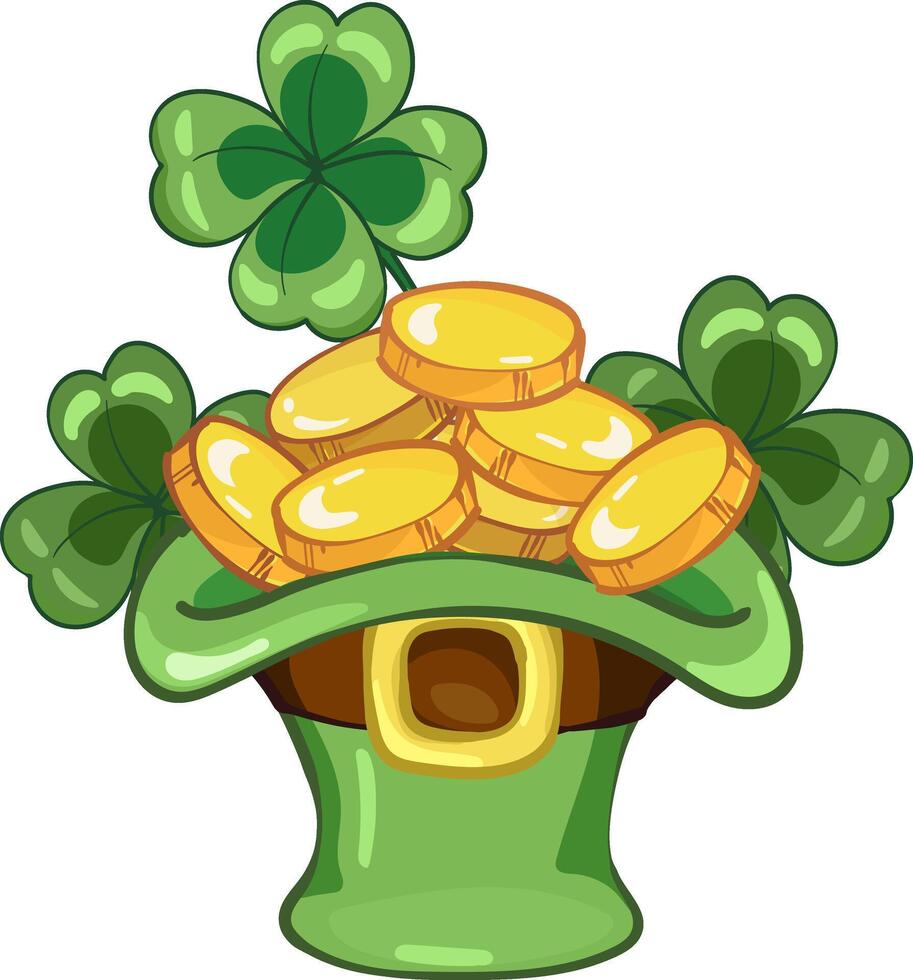green leprechaun hat with gold coins and clover shamrock. for st. patrick's day. vector