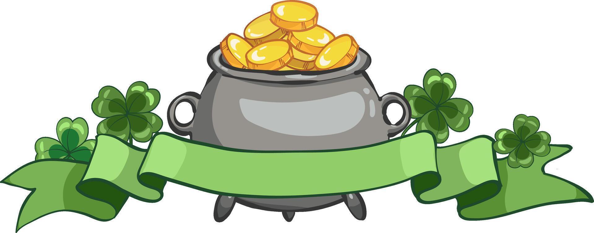 Pot of gold coins and shamrock clover leaf. vector