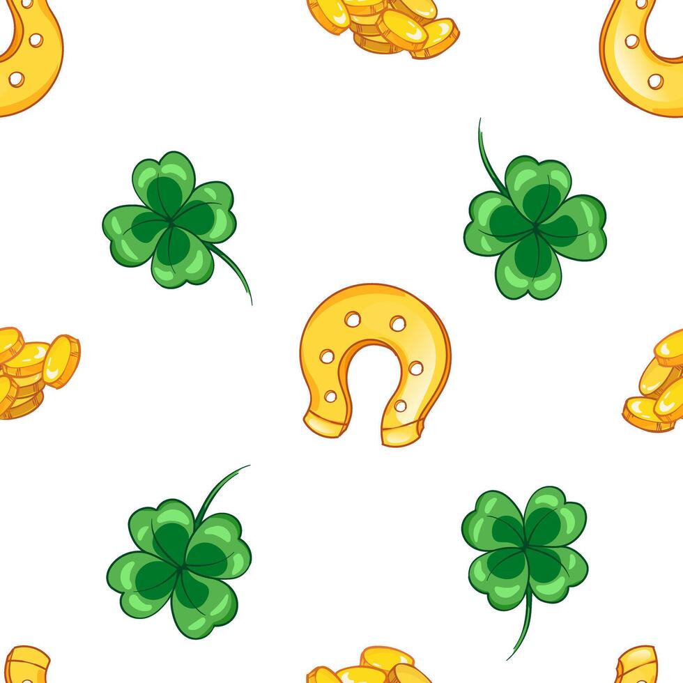 Seamless pattern with clover leaves, golden horseshoe. Seamless pattern for St. Patrick's Day. Symbol of luck, wealth or success vector