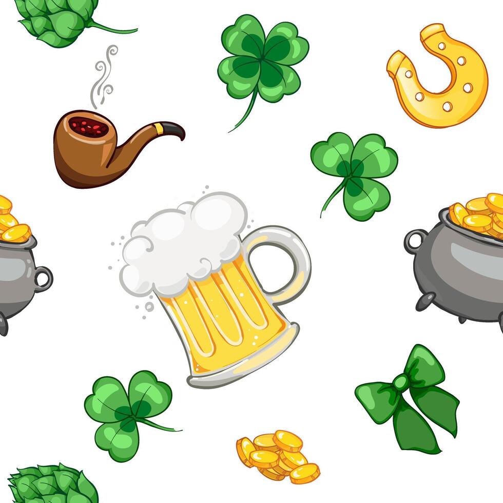 Glass of beer with golden horseshoe and clover petals. Symbol of luck, wealth or success, Seamless pattern for St. Patrick's Day. vector