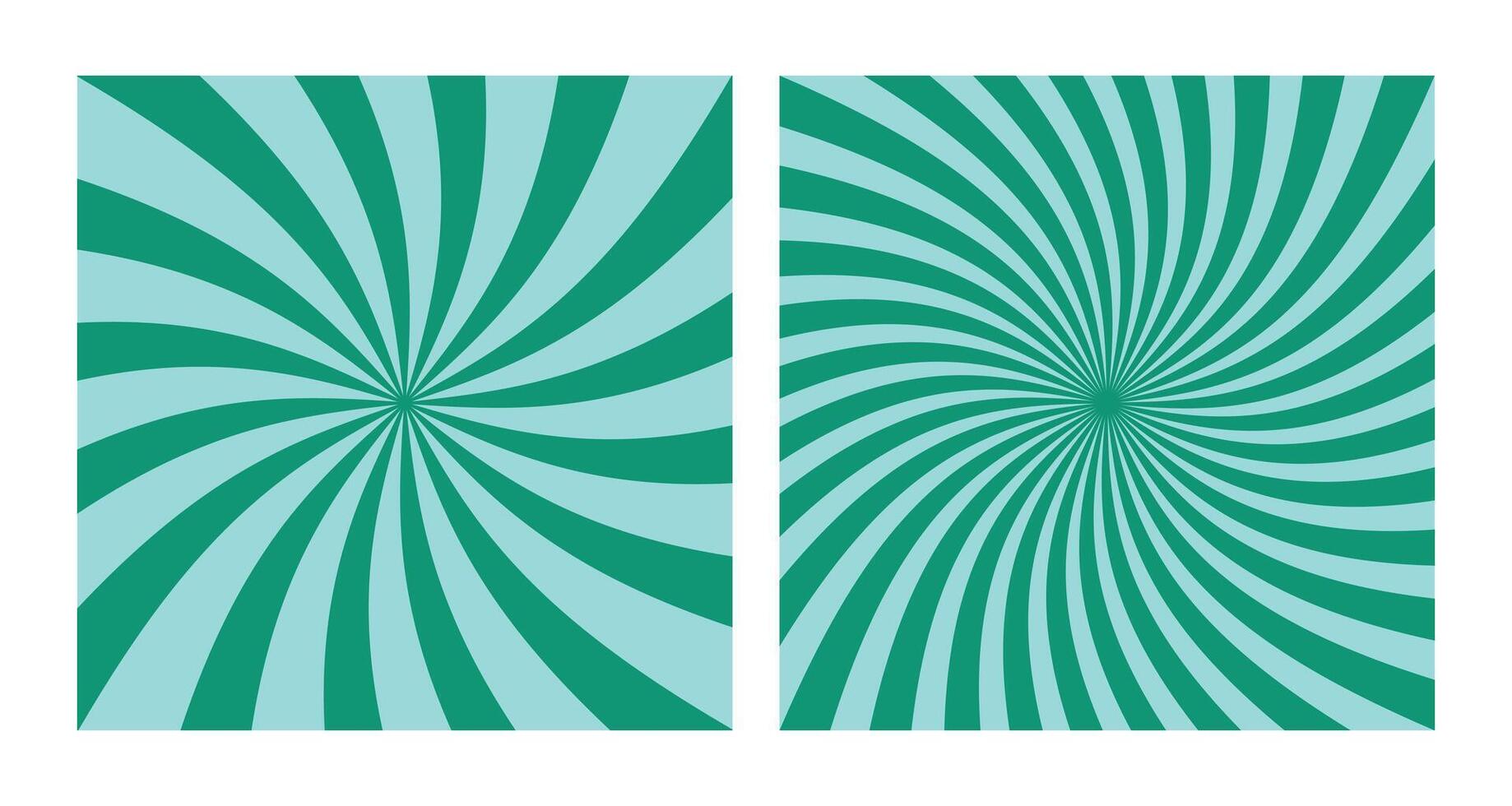 Set of Abstract Green Spiral Sun Bursts on Cyan Background, 2 Square Holiday Posters vector