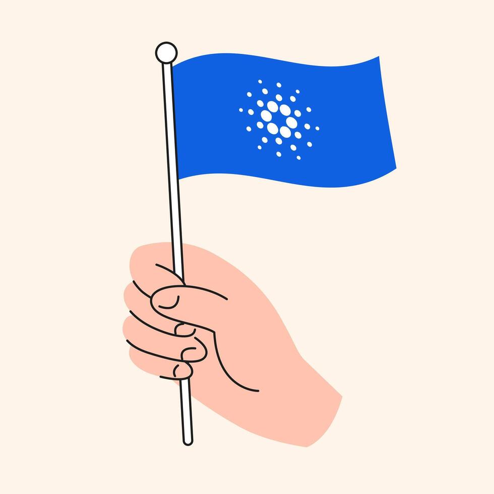 Hand Holding Blue Cardano Flag Representing Cryptocurrency and Blockchain Support, ADA Token Symbol vector