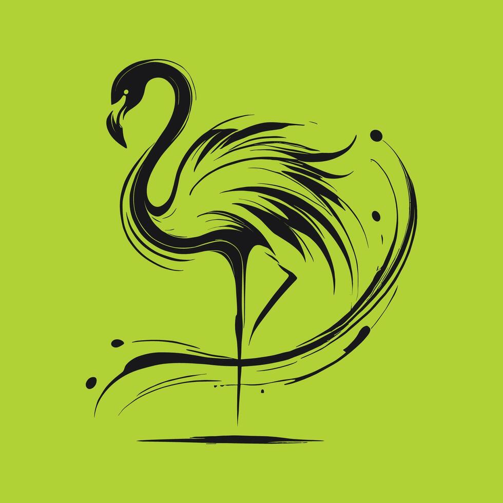 A black and white flamingo on a green background vector