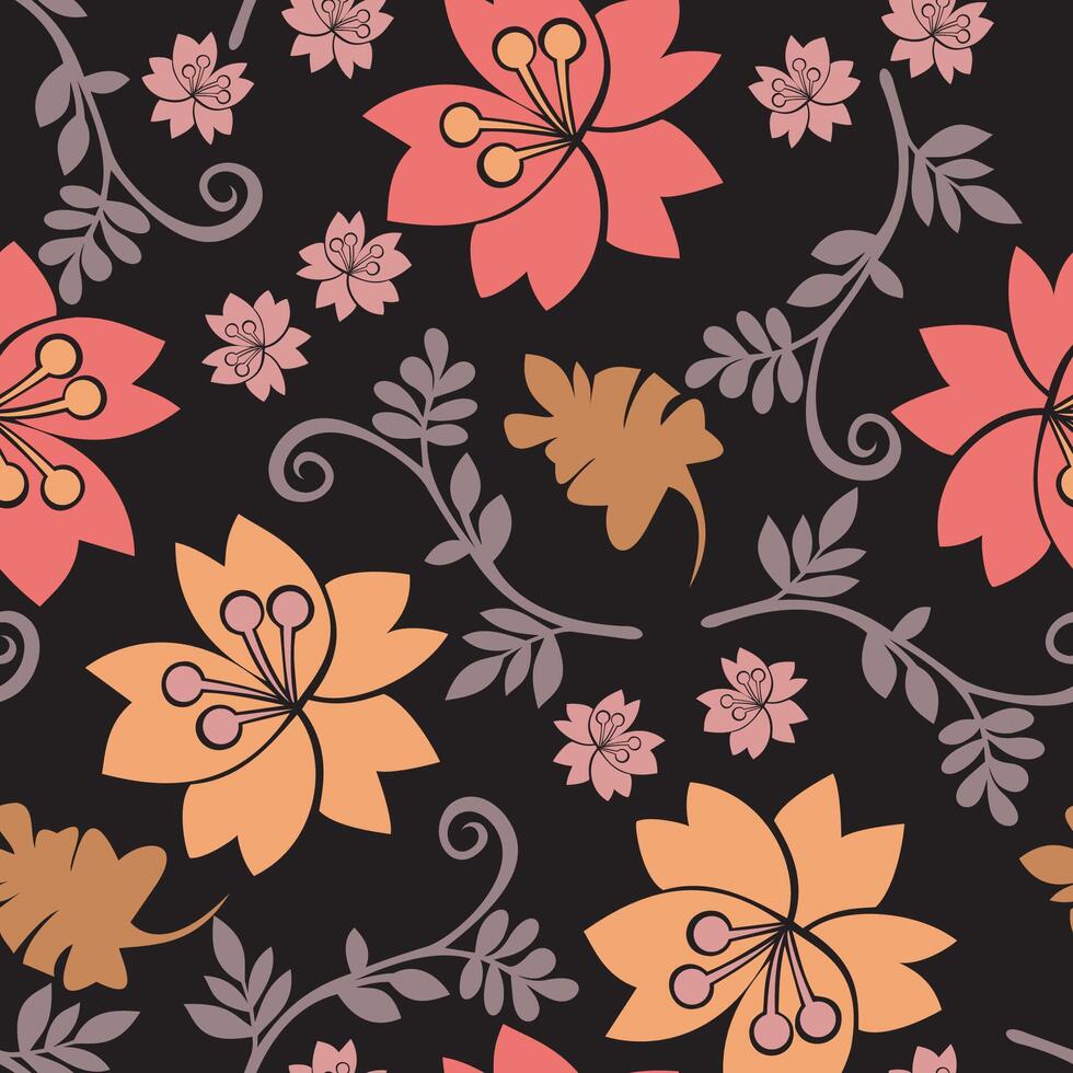 seamless pattern cerry blossom on black background. vector