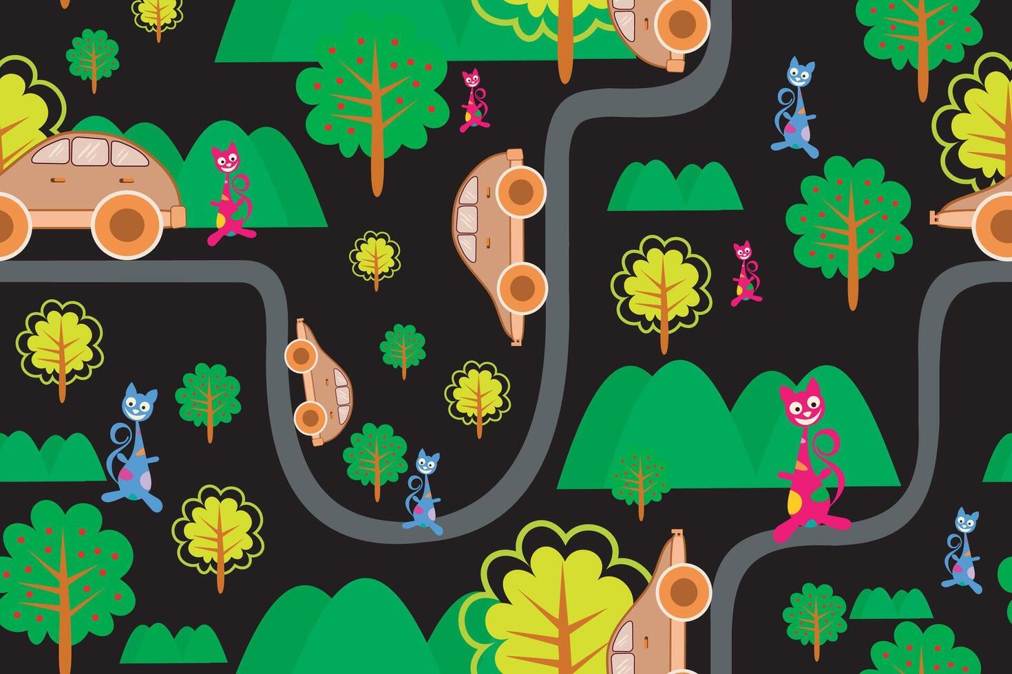 seamless pattern with cute cat,tree,mountain,car and road on black background. vector