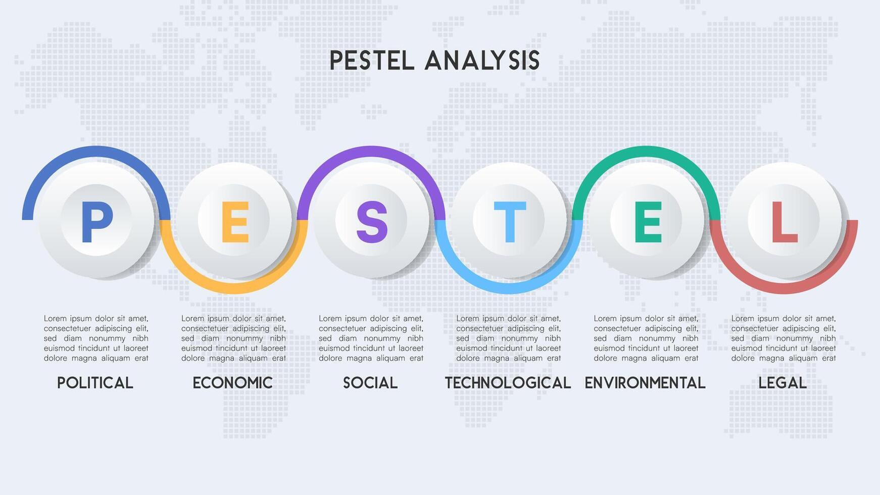 Modern PESTEL Analysis Infographic with Circular Elements and Colorful Connecting Lines on Light World Map Background vector