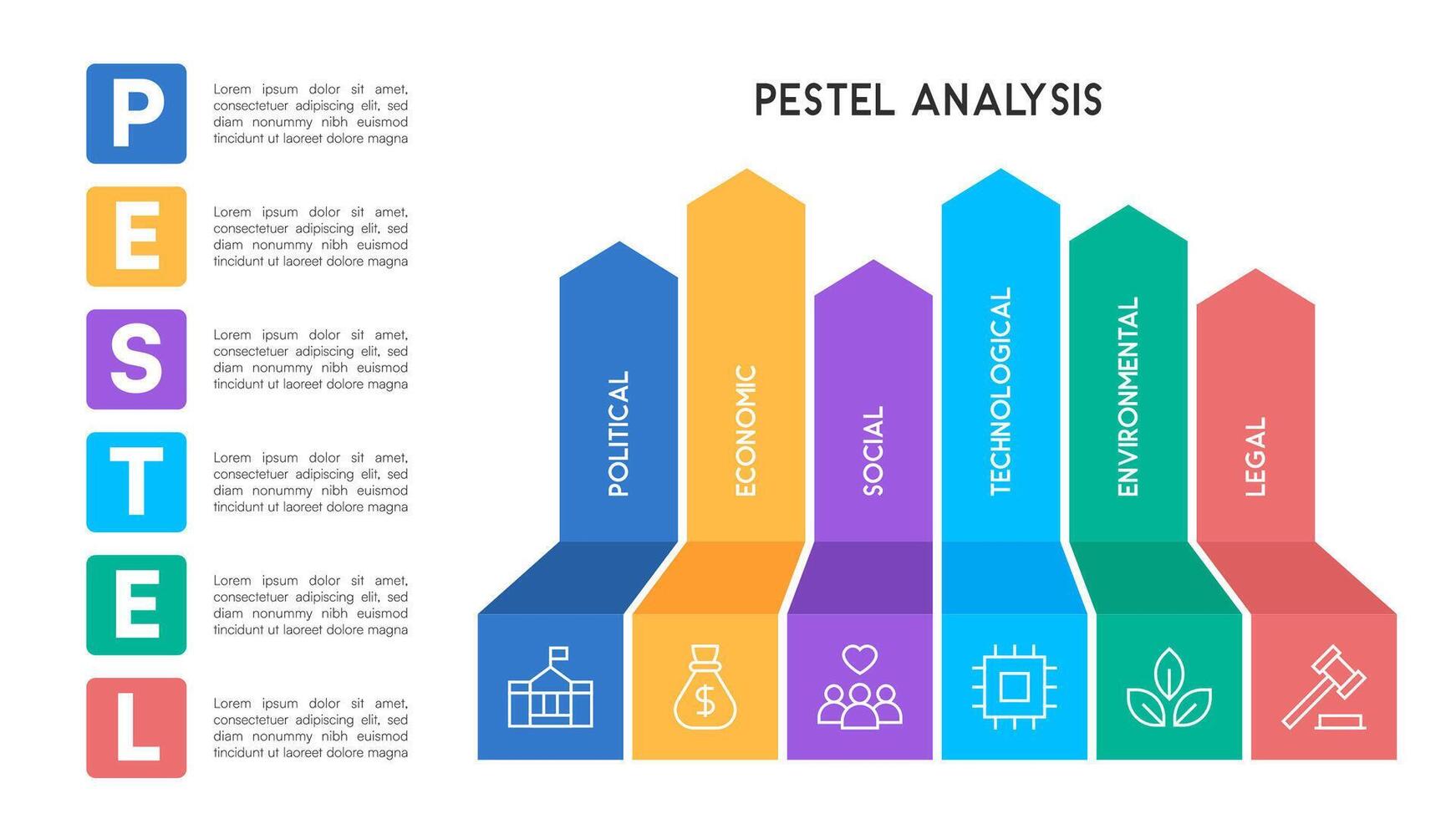 Minimalist PESTEL Analysis Infographic with Block Chevron Elements and Business Categories vector