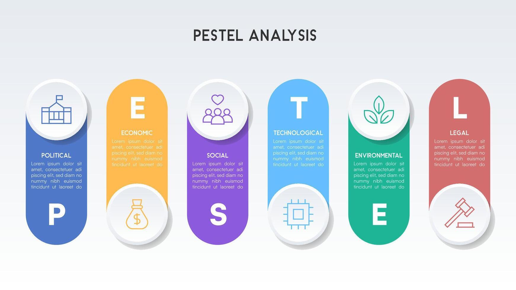 PESTEL Analysis Infographic with Vertical Rounded Pill Design and Soft Shadows vector