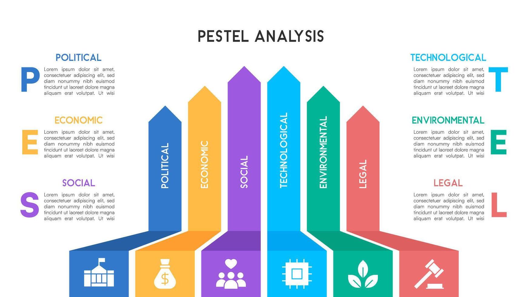 Modern PESTEL Analysis Infographic with Vertical Chevron Bars and Business Icons on White Background vector