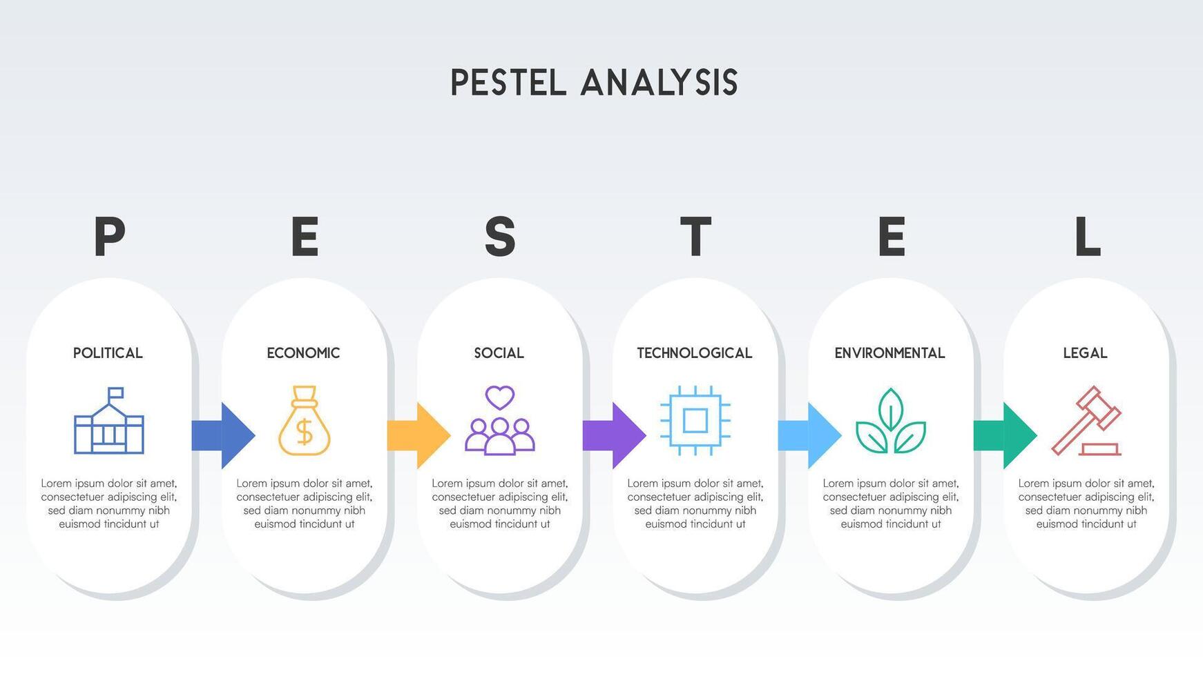 PESTEL Analysis Infographic with Minimalist White Panels and Color Accents vector