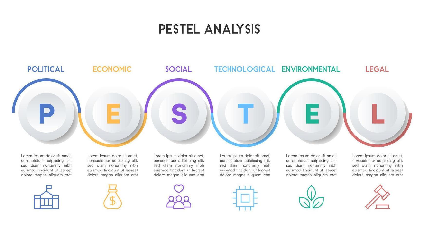 Gradient Circular PESTEL Analysis Infographic with Soft Shadows and Minimalist Icons vector