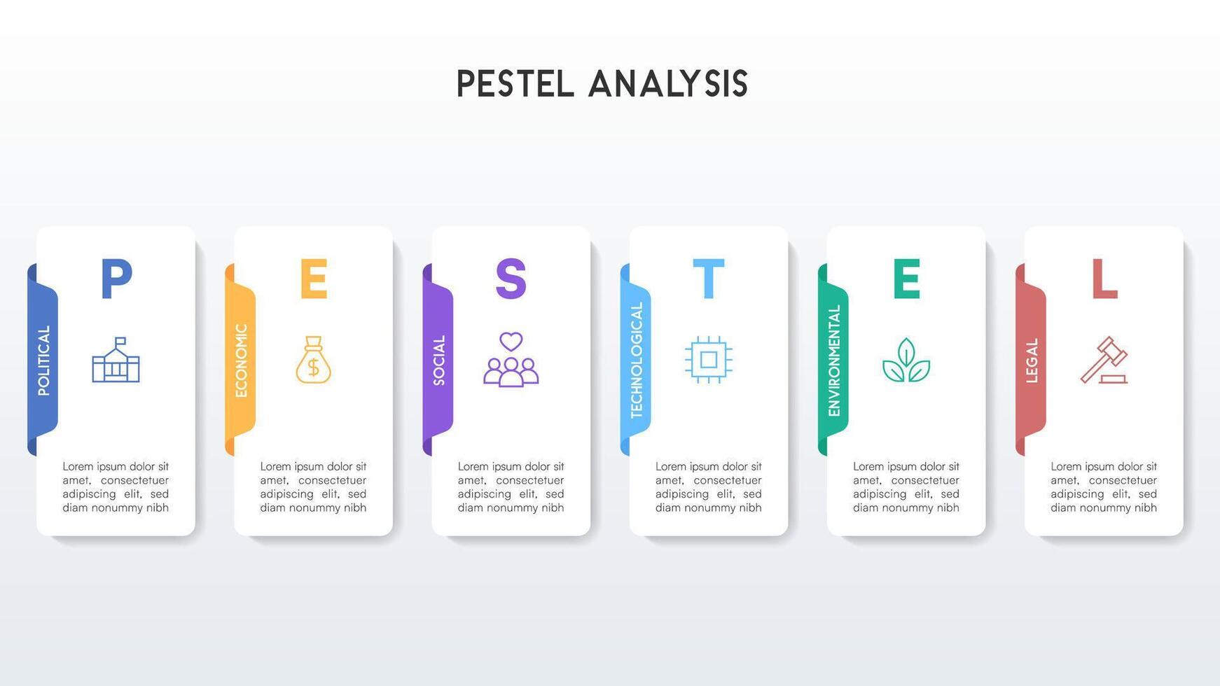 Vertical PESTEL Analysis Infographic with Floating White Panels and Gradient Highlights vector
