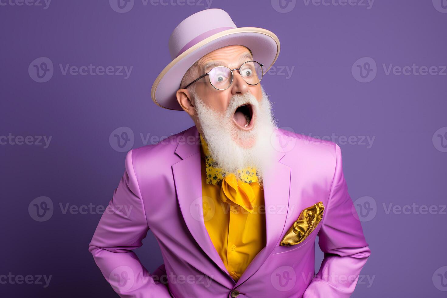 Vibrant Minimalist Portrait of a Surprised Elderly Man in Bold Attire photo