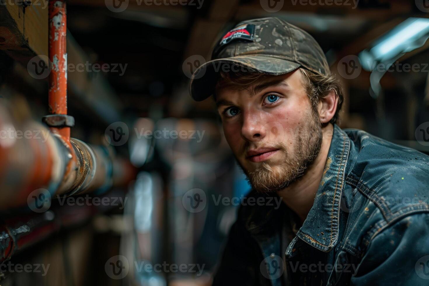Plumber fixing a leak in a cramped basement photo