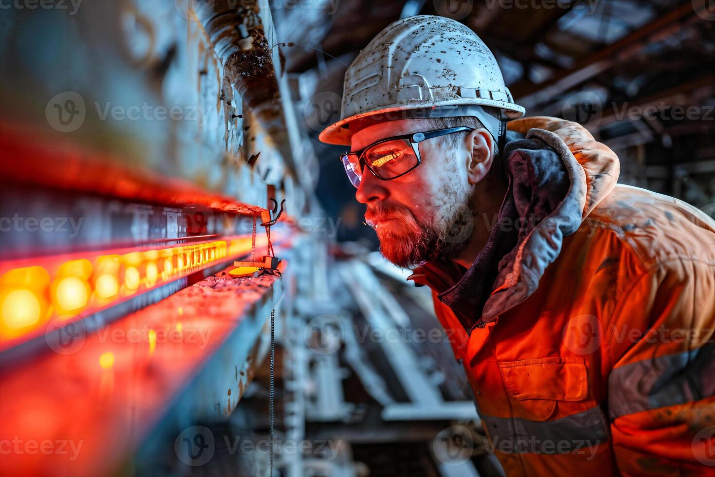 Engineer in a hard hat inspecting industrial equipment with glowing red lights photo