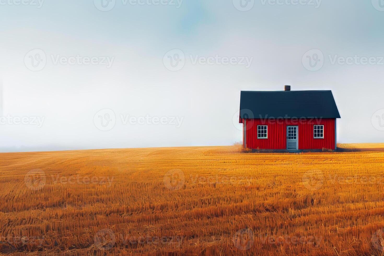 Modern Agriculture Features a Red House in a Vast Golden Field photo