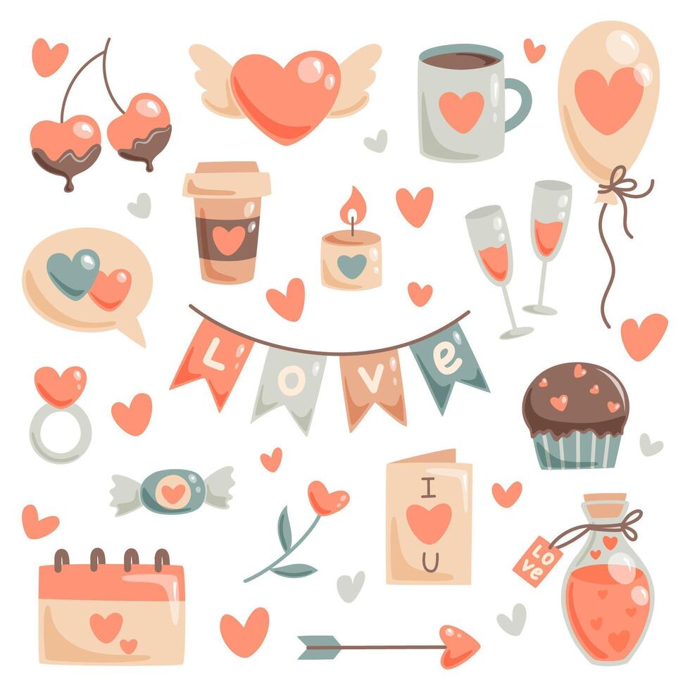 set of romantic elements for valentine's day or wedding vector