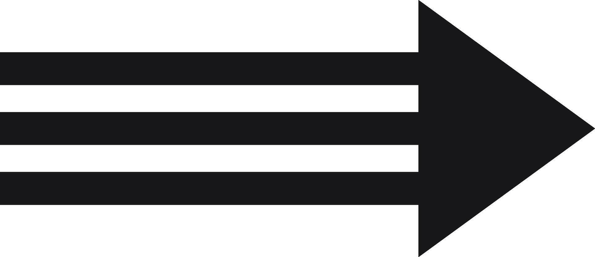 Simple black arrow pointing to the right composed by three horizontal lines over a white background, ideal for indicating direction or movement vector