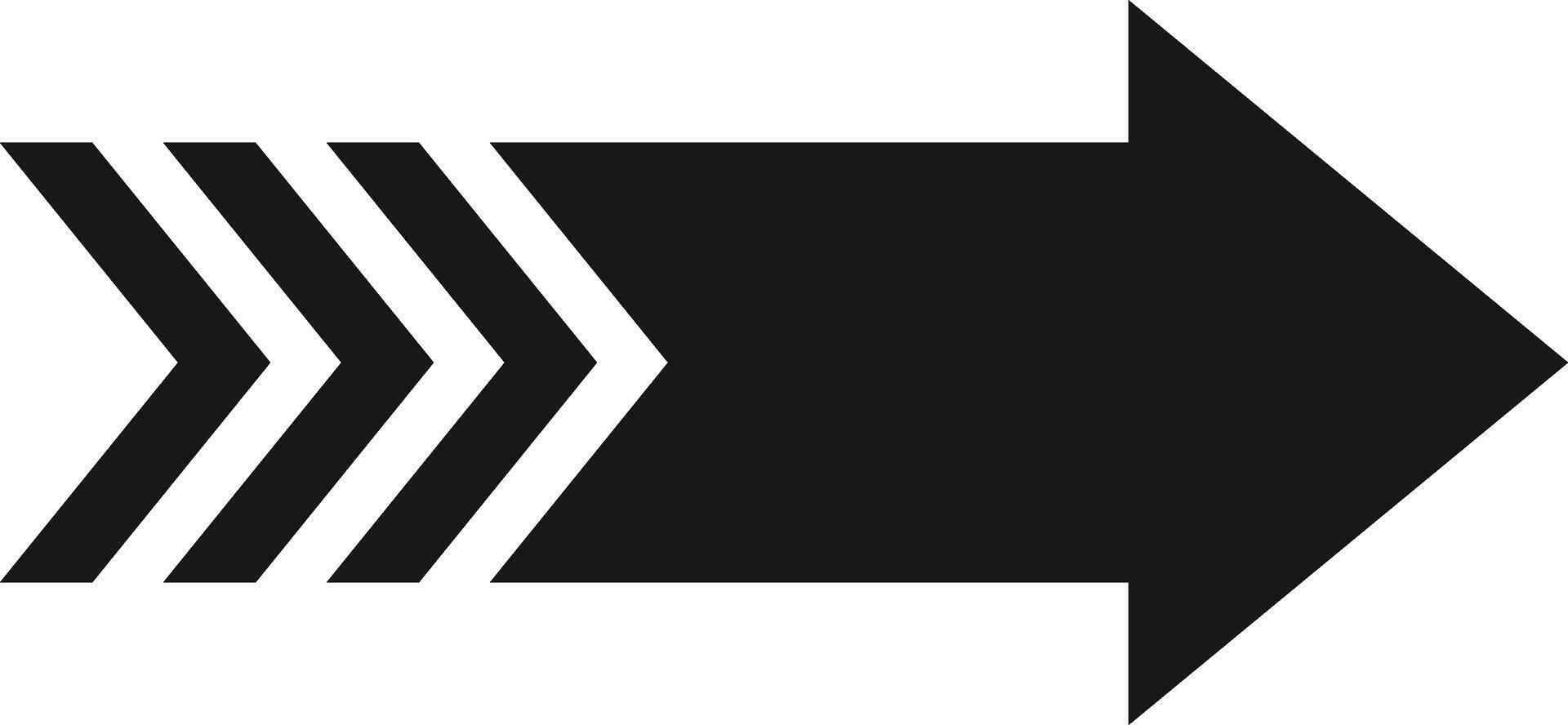 Simple black arrow pointing to the right with a triple chevron pattern on the left side, isolated illustration on white background, concept of direction, progress and movement vector