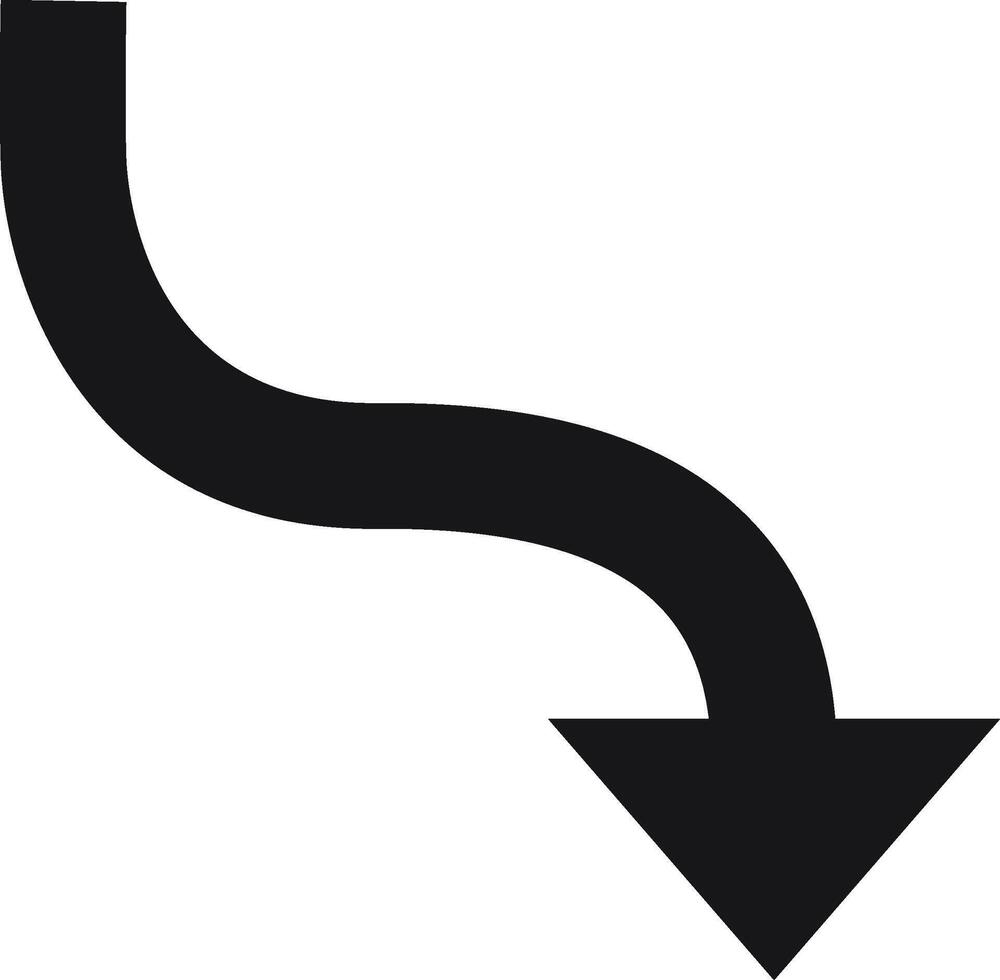 Simple black arrow pointing down and curving right against a clean white background, serving as an effective symbol for indicating directions, descent, or decline concepts vector