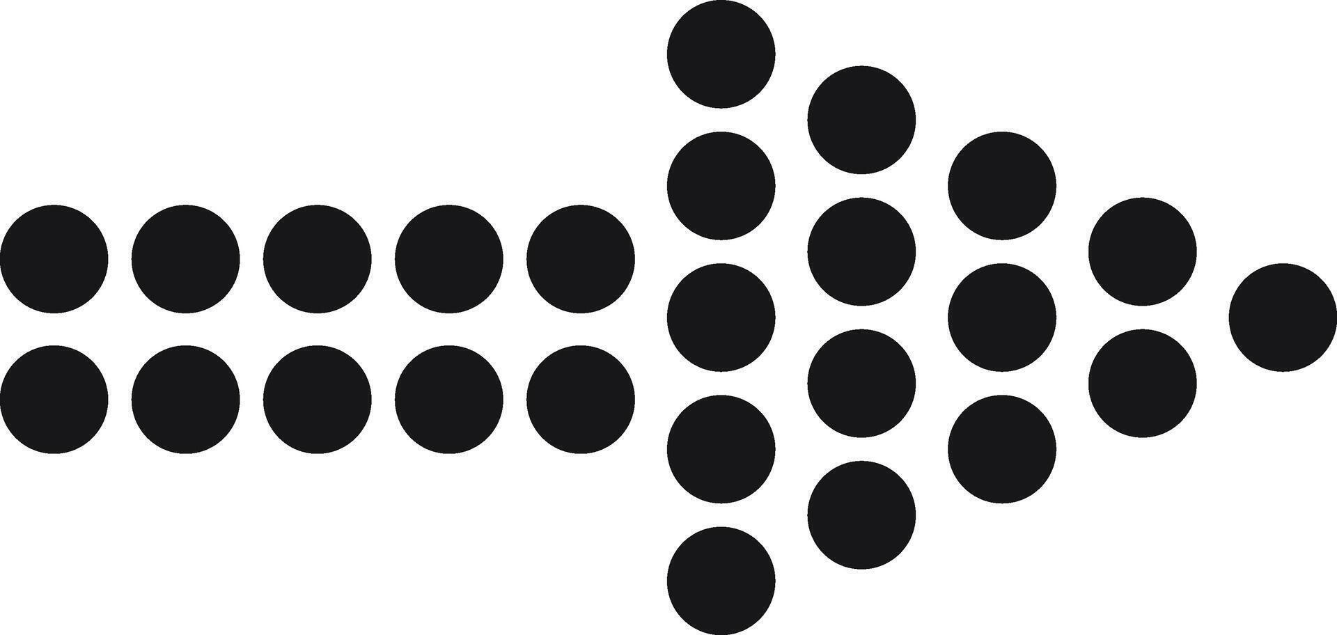 Simple black arrow pointing to the right made of aligned circles of different sizes over a white background representing direction, progress and movement vector