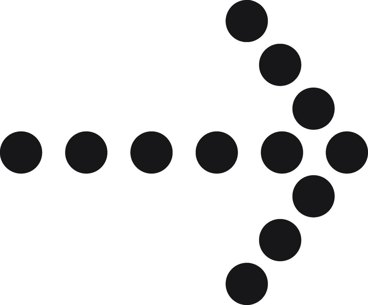 Black dotted arrow, composed of circles in increasing size, pointing right, serves as a modern symbol for direction and movement, perfect for navigation and progress vector