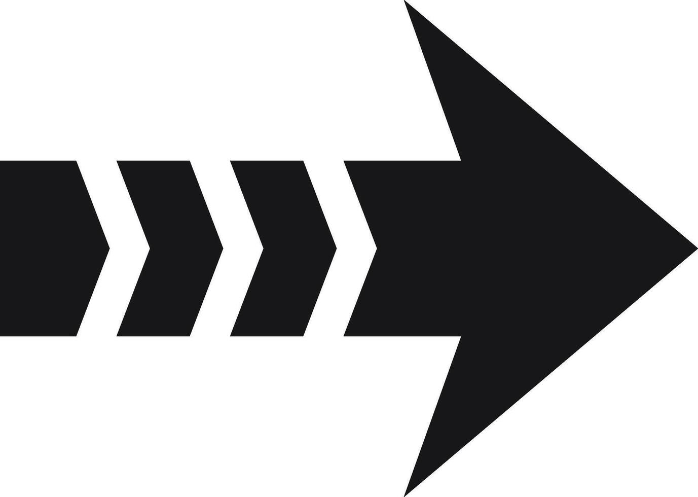 Simple black arrow pointing right with triple chevron tail on white background, ideal for indicating direction, movement, progress, or continuation vector
