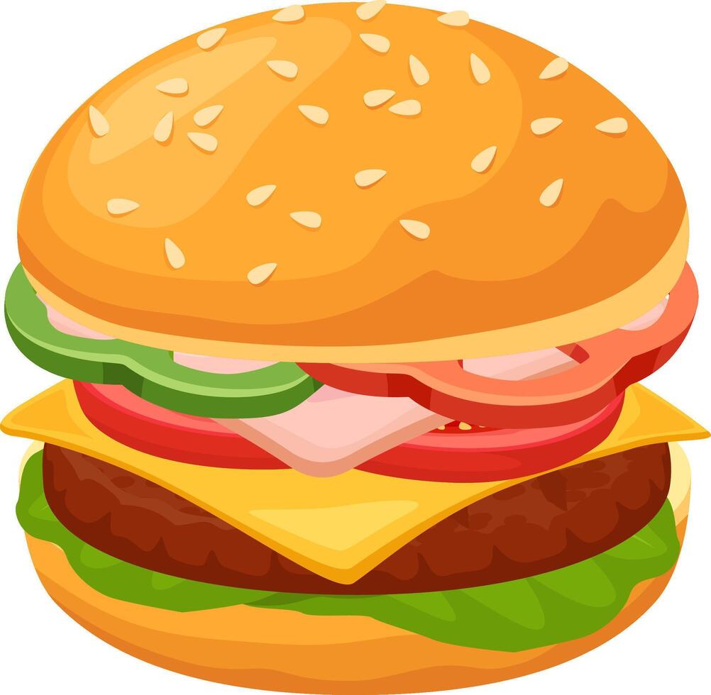 Burger presenting ingredients with sesame bun, meat, cheese, tomato, lettuce, ham and cucumber on white background, perfect for menus, websites or advertising related to food industry vector