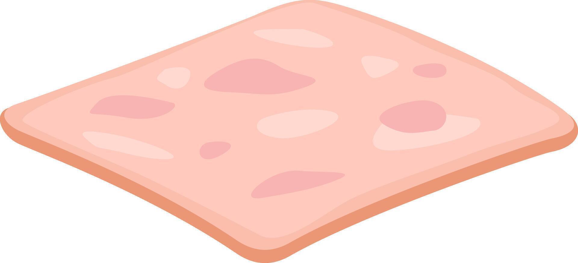 Square slice of bologna sausage meat lying on white background, ready to be eaten in a sandwich or as it is, representing typical cold cuts delicatessen food vector