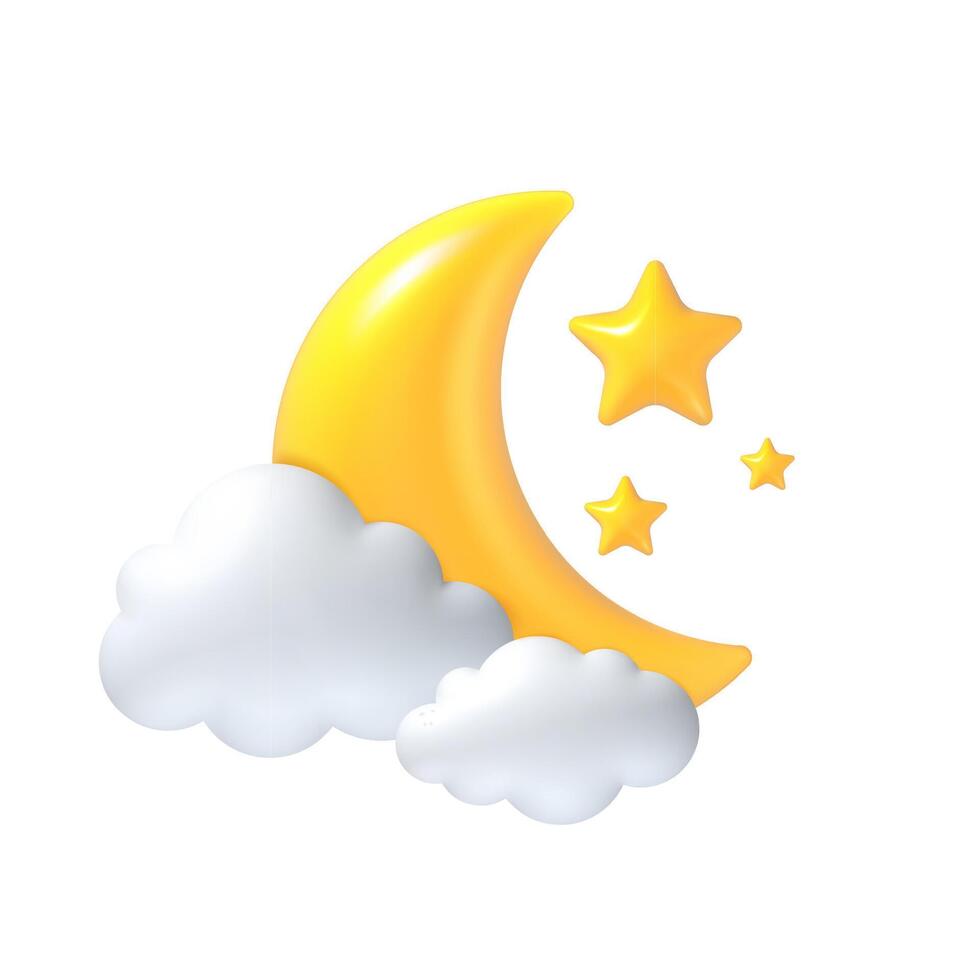 3d crescent. Moon, stars and white clouds kids sleep, sweet dreaming night concept. Glossy realistic Ramadan Islamic symbol. Muslim Arabic Eid Mubarak element for greeting card vector