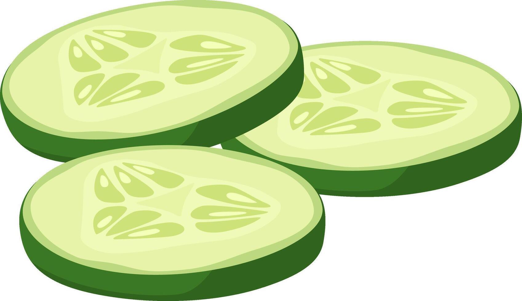 Three overlapping cucumber slices resting on a white background, revealing their juicy flesh and tiny seeds, create a refreshing and vibrant visual perfect for healthy eating vector
