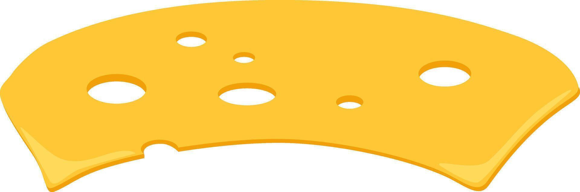 Single slice of swiss cheese with characteristic holes is partially eaten, featuring a bite mark, isolated on a white background, representing concepts of food, dairy products, and snacks vector